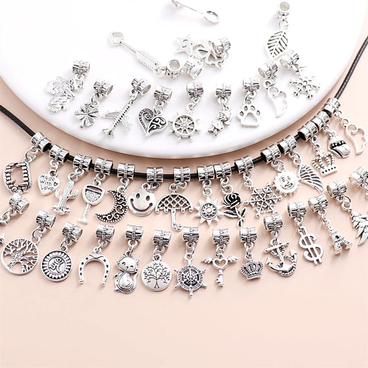 50PCS European Vintage Silver Designer Charm For Women's Personalize Style Necklace Bracelet DIY Jewelry Making Supplies Pendant