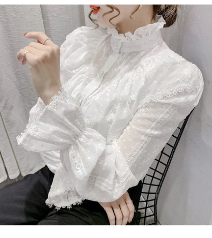 Spring Fashion  Long Sleeve Loose Button Women Shirt Elegant Stand Collar Pleated Tops Casual Ruffle Lace Blouse Blusas 15832