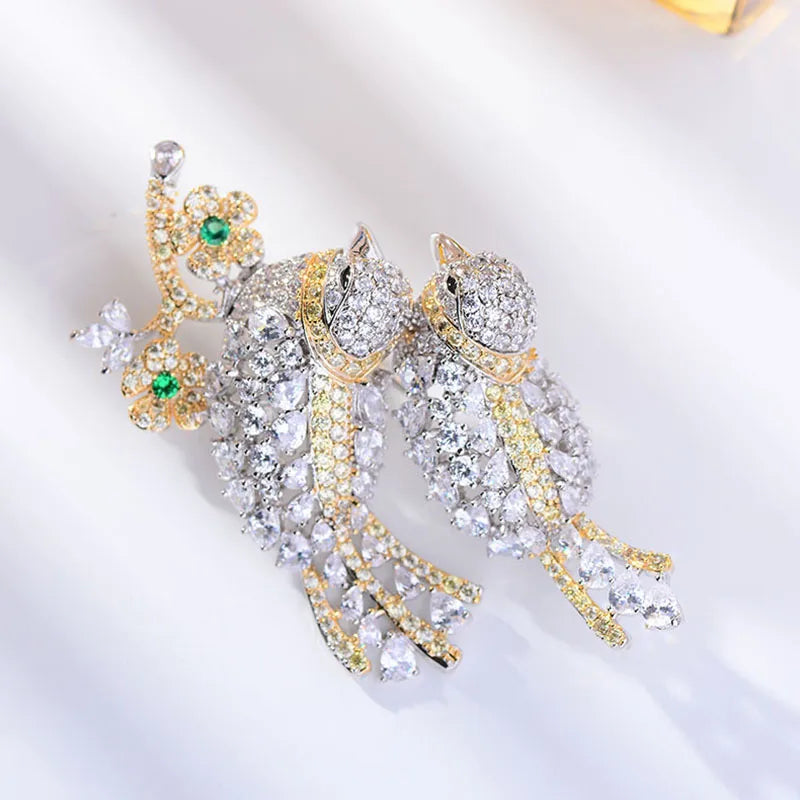Trendy Floral Blooming Delicate Bird Zircon Exaggerated Brooch Luxury Temperament Flower Gold-plated Brooch Women New Year Gift