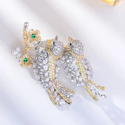 Trendy Floral Blooming Delicate Bird Zircon Exaggerated Brooch Luxury Temperament Flower Gold-plated Brooch Women New Year Gift