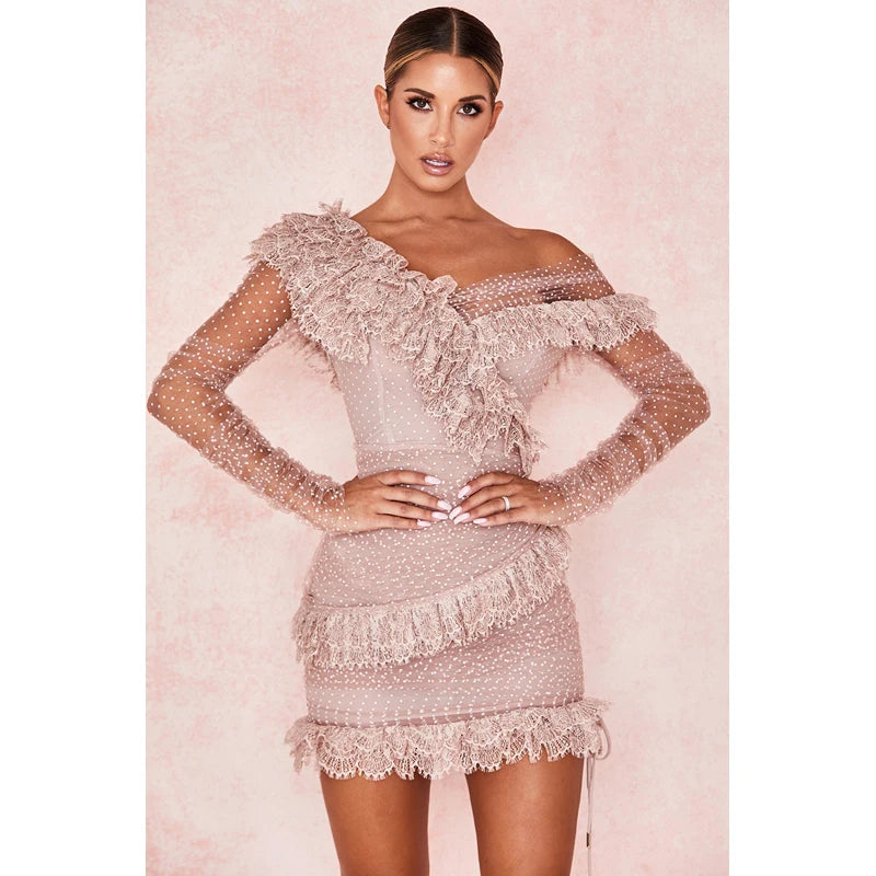2022 New Summer Women Bandage Mini Pink Dress Sexy V Neck Long Sleeve Backless Elegant Lace Bodycon Club Party Dress Vestidos