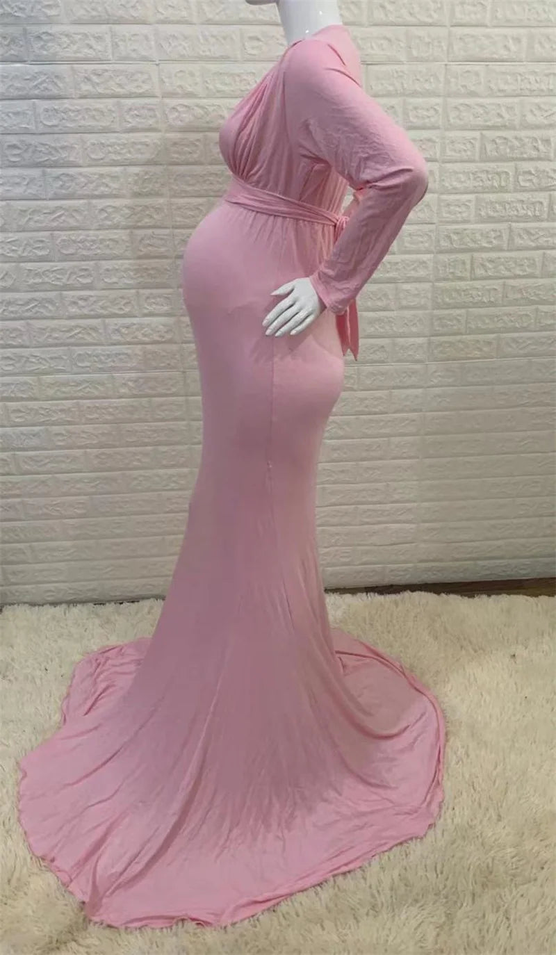 Spring Elegant Maternity Dresses For Photo Shoot Pregnant Women Dress Long Sleeve V-Neck Pregnancy Photography Shower Dress