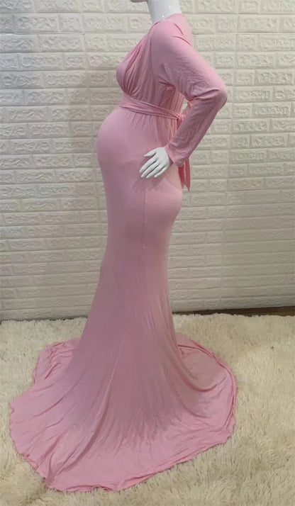 Spring Elegant Maternity Dresses For Photo Shoot Pregnant Women Dress Long Sleeve V-Neck Pregnancy Photography Shower Dress