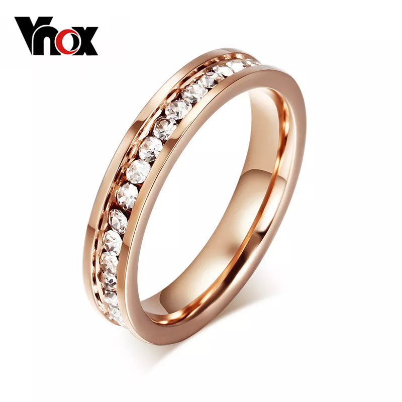 Vnox Cute Women's Ring Rose Gold Color Full CZ Stones 4mm Width Stainless Steel Engagement Jewelry