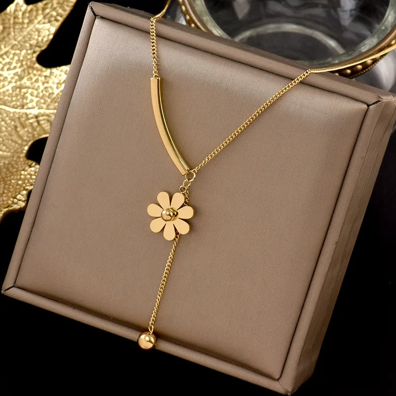 DIEYURO 316L Stainless Steel 2021 Hot Sale Beautiful Flower Hanging Chain Long Style Exquisite Clavicle Chain Necklace For Women