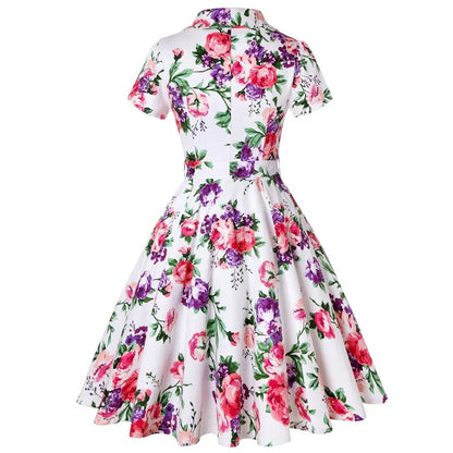 Autumn Cotton Vintage Tunic Midi Dress 50S Short Sleeve 4XL 70s Robe Swing Retro Floral Print White Rockabilly Office Vestidos