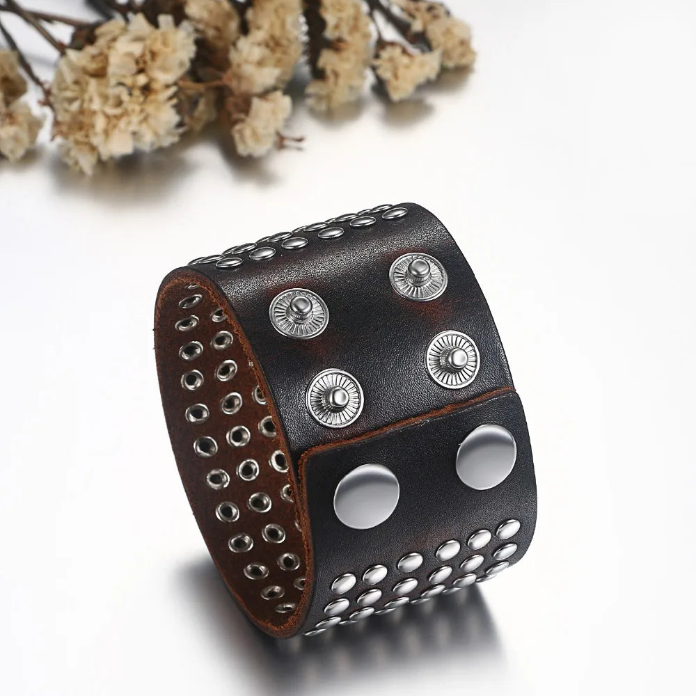 BONISKISS 2020 Fashion Stud Spikes Rivet Adjustable Leather Wristband Bangle Cuff Bracelet Wide Cuff Punk style Cool Men Jewelry