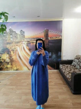 Winter Women Dress Fall Sweater Women Dress Long Sleeve Knitted Dresses Maxi Vintage Oversize Dresses Knitting Thick Warm Purple