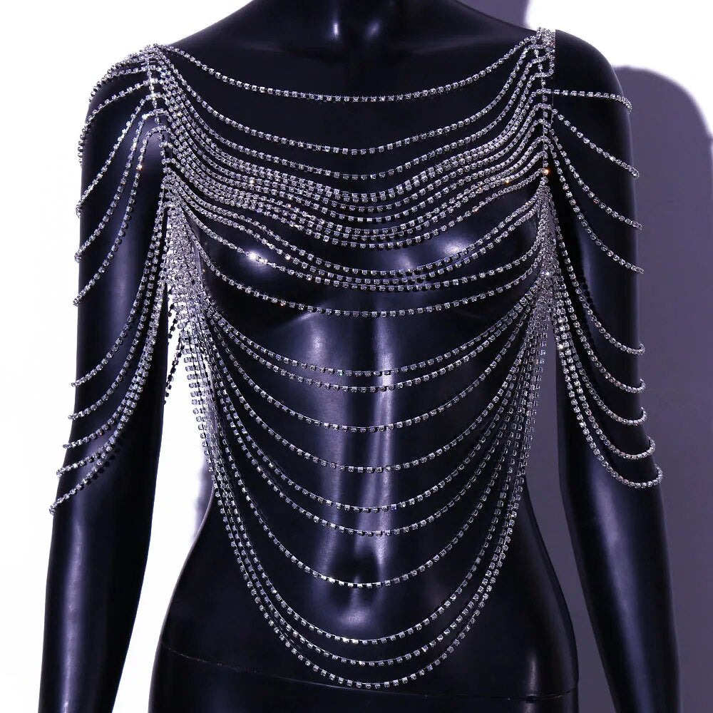 Stonefans Luxury Multi-Layer Full Rhinestone Underwear Chain Bling Shoulder Chain Crystal Body Chain Women Chest Clothes Jewelry