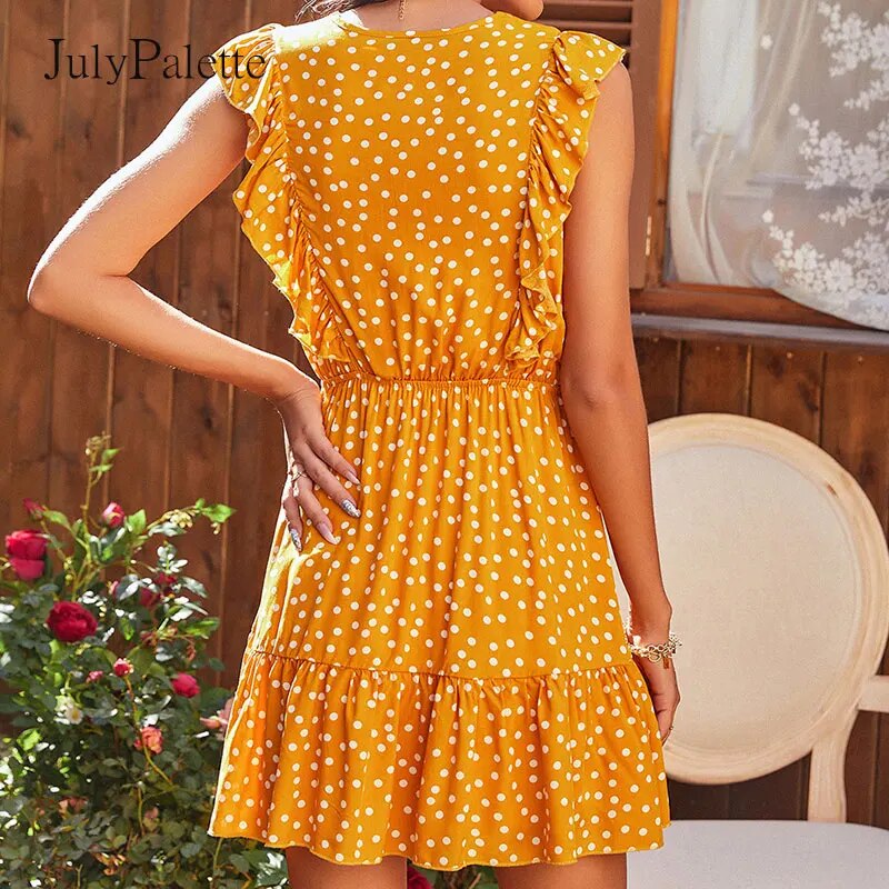 Julypalette Yellow V-neck Ruffles Women's Dress Bohemian Summer Sleeveless Dot Printed Beach Sundress Lace up Female vestidos