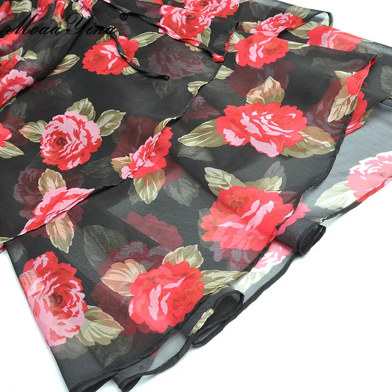 MoaaYina Fashion Designer dress Summer Women's Dress V Neck  Cascading Ruffle Ruched Rose Floral Print package hip Dresses