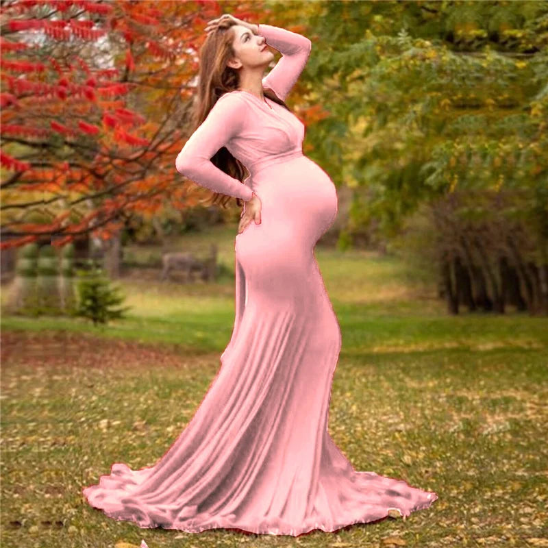 Spring Elegant Maternity Dresses For Photo Shoot Pregnant Women Dress Long Sleeve V-Neck Pregnancy Photography Shower Dress
