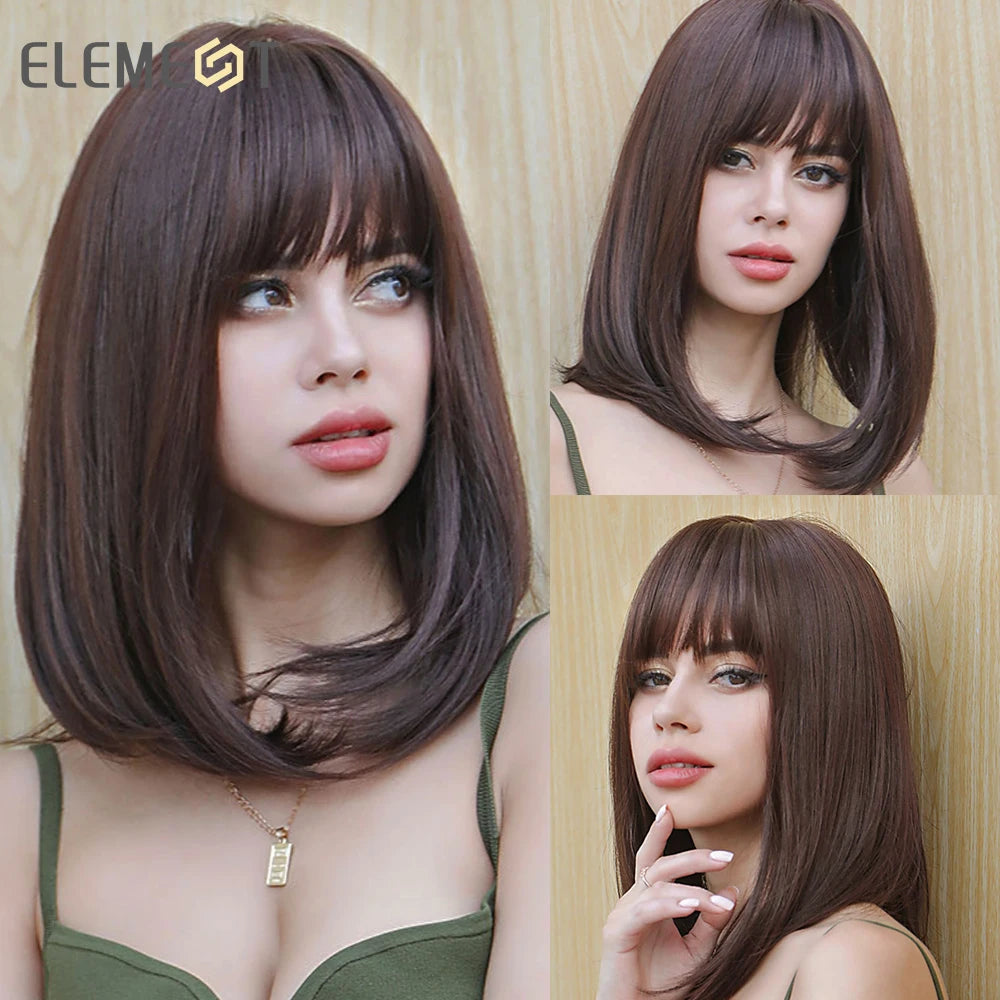 Element Medium Length Synthetic Straight Natural Brown Wigs with Side Bangs Heat Resistant Party Wigs for White/Black Women