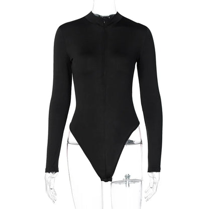 Solid Zipper Bodycon Bodysuits Women Sexy Mock Neck Autumn Long Sleeve Fashion Slim Basic Body Winter Gray Outfits Lady