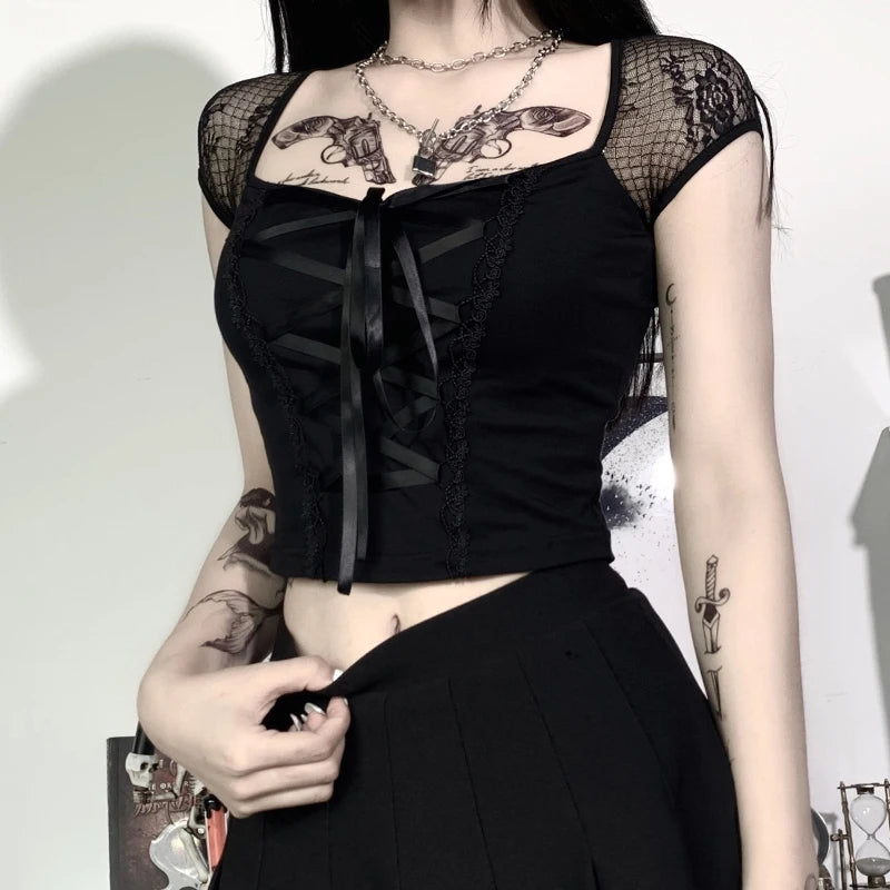 Women's Vintage Gothic T-shirt Bodycon Bandage Lace Black Mesh Top Sexy Casual Gothic Streetwear Female Top