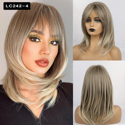 Element Medium Length Synthetic Straight Natural Brown Wigs with Side Bangs Heat Resistant Party Wigs for White/Black Women