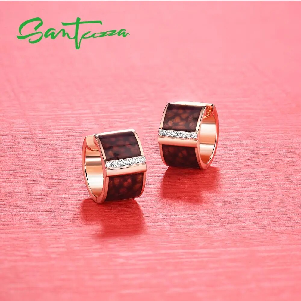 SANTUZZA Silver Earrings For Women 925 Sterling Silver Rose Gold Color Brown Chic Earrings Trendy Fine Jewelry Handmade Enamel
