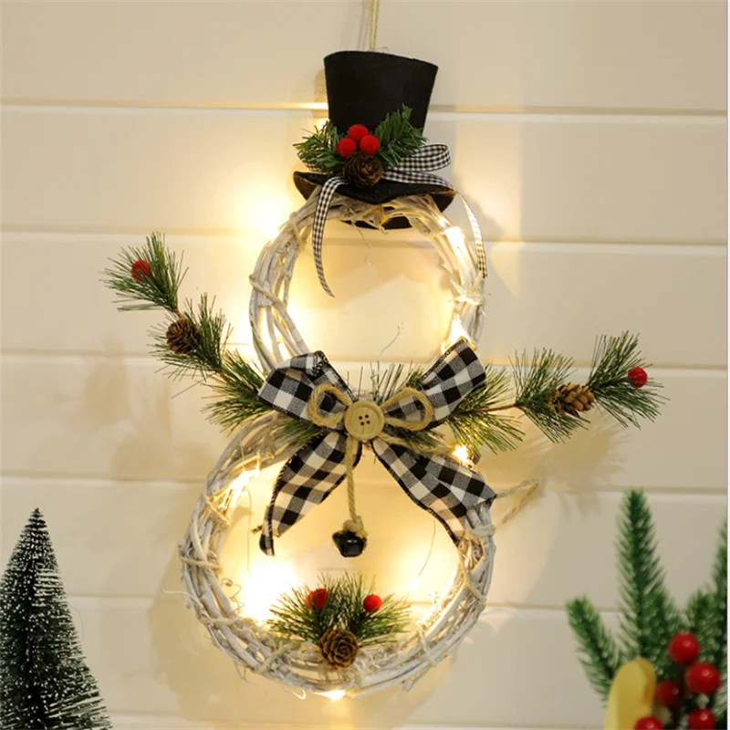 Christmas Lighted Snowman Wreath Garland Door Lamp Decoration Artificial Home Window Wall Background Door Hanging Ornaments