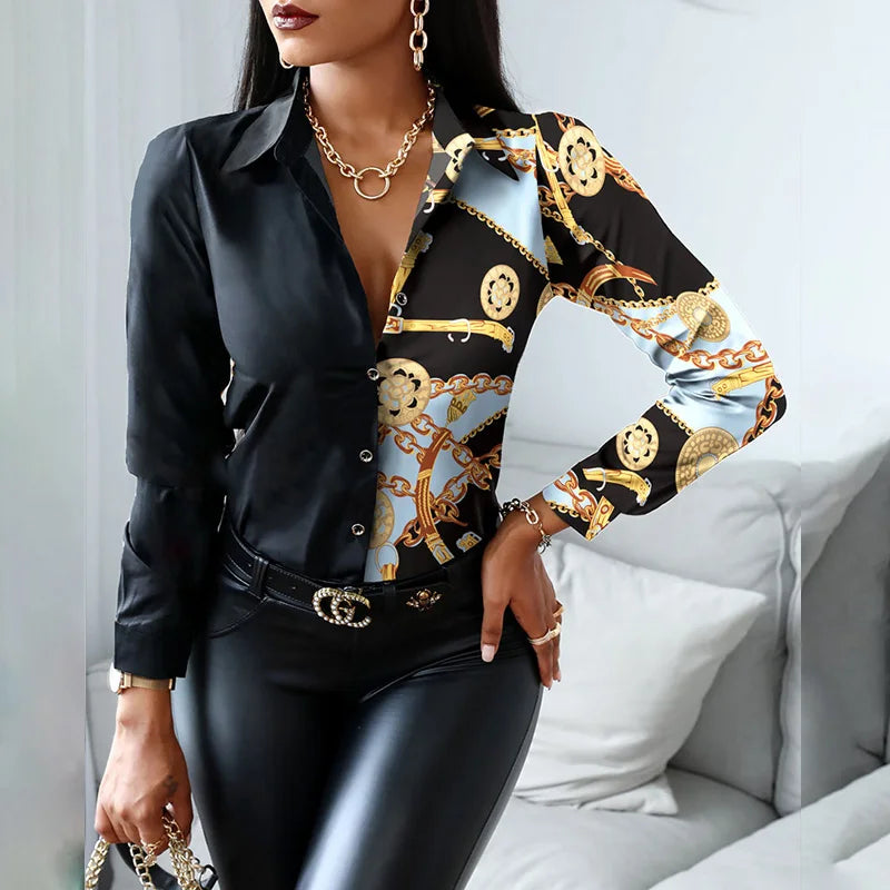 2024 Women Fashion Shirt Lady Long Sleeve Blouse Turn-down CollarButton Design Print  Casual Shirts