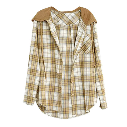Spring Autumn Women Shirt Fashion Casual Plaid Hooded Shirts Long Sleeve Button Down Blusa Feminina Streetwear рубашка женская
