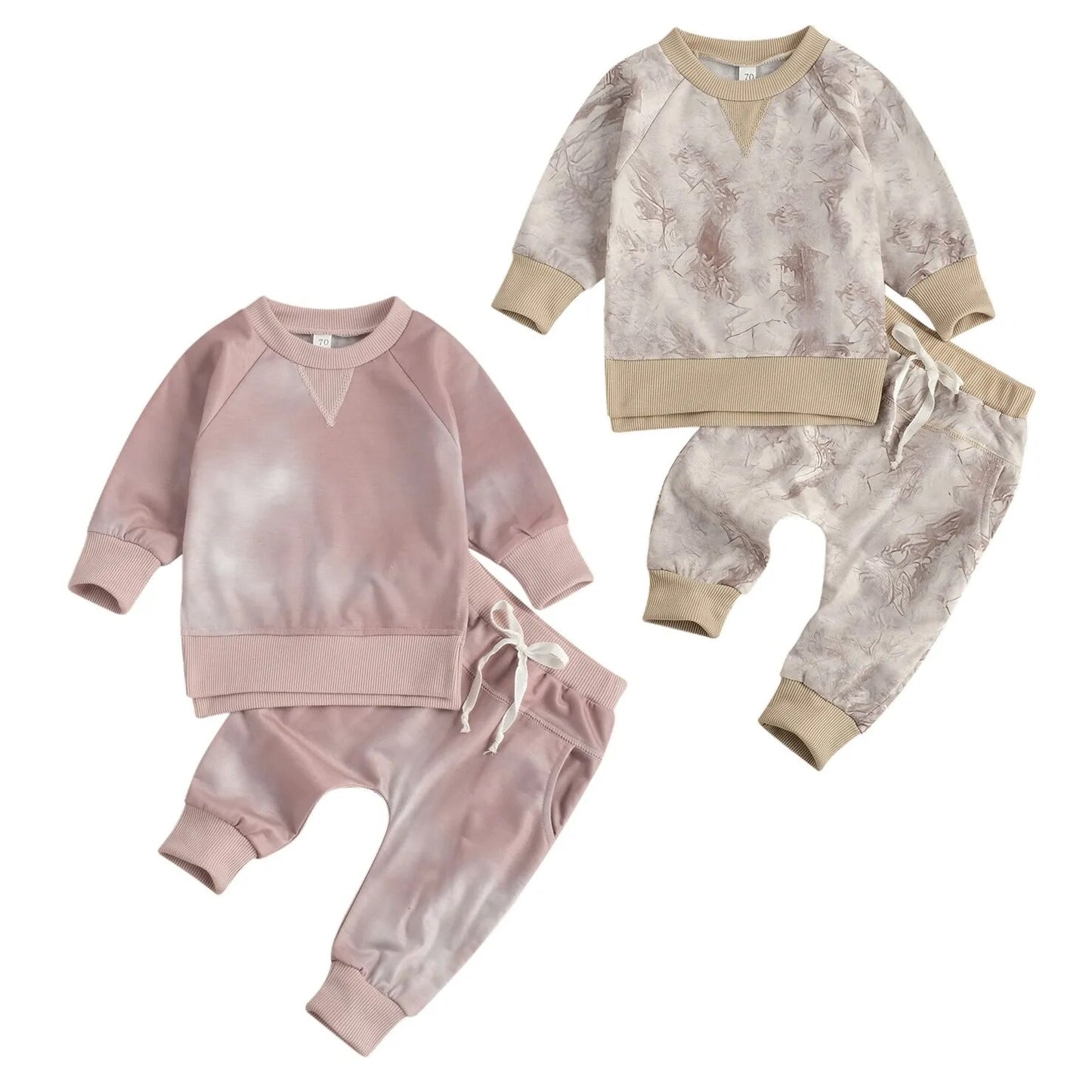 2 Pcs Newborn Baby Girls Boys Tie Dye Outfits, Infant Long Sleeve Round Neck Pullover + Tie Up Pants Pockets Spring Autumn