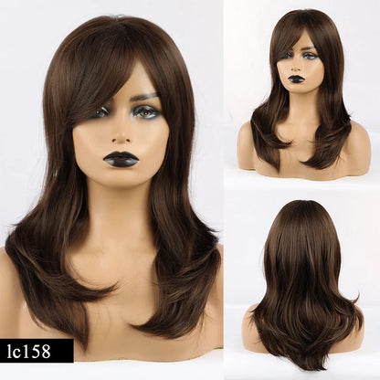 Element Medium Length Synthetic Straight Natural Brown Wigs with Side Bangs Heat Resistant Party Wigs for White/Black Women