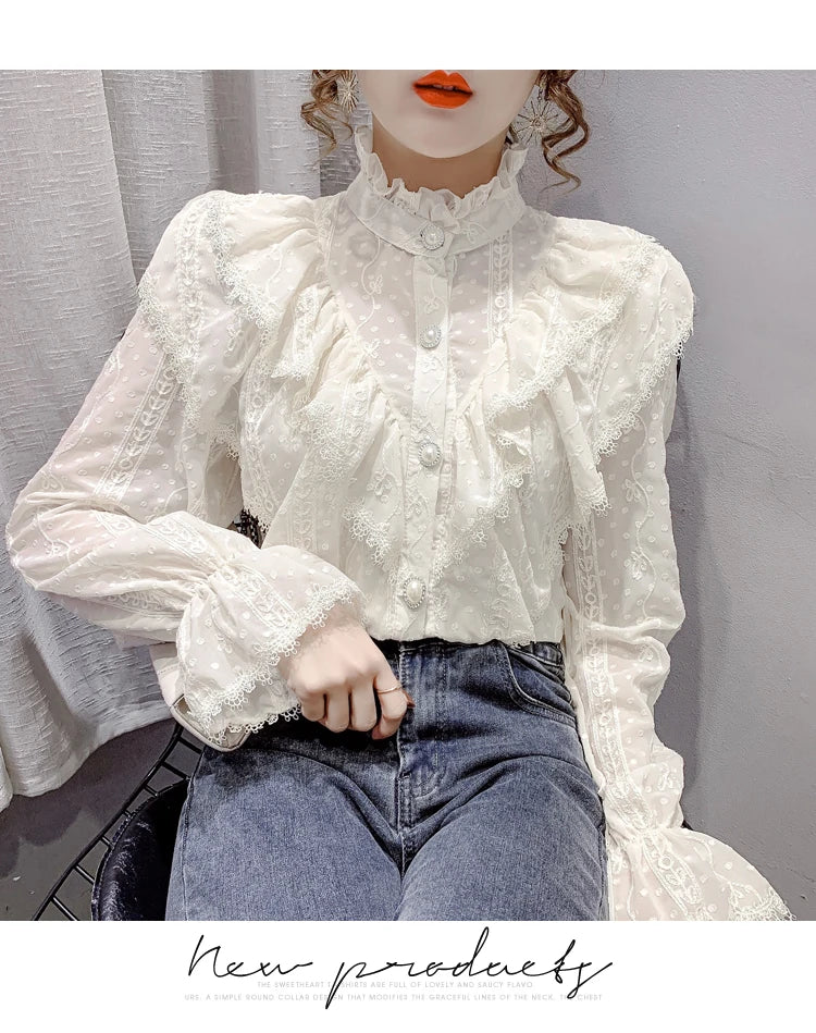 Spring Fashion  Long Sleeve Loose Button Women Shirt Elegant Stand Collar Pleated Tops Casual Ruffle Lace Blouse Blusas 15832