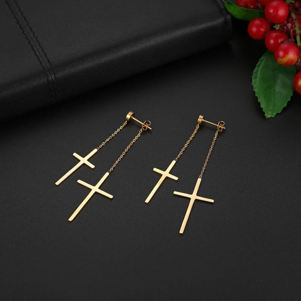 Boniskiss Fashion Tassel Double Cross long Drop Earrings Gold Silver Color Stainless Steel Woman Party Christmas Gift Jewelry