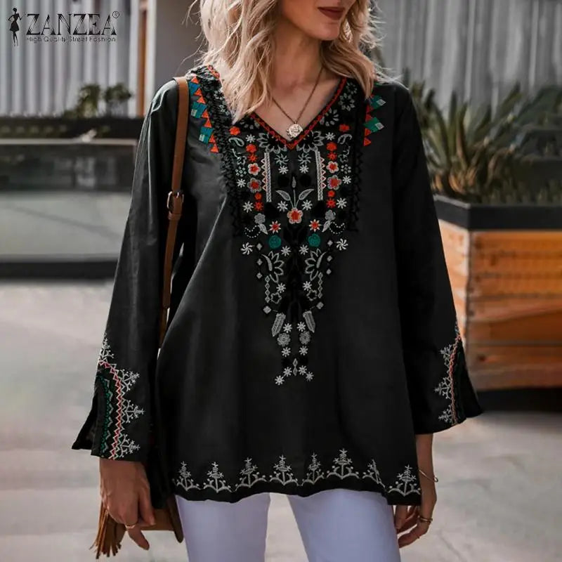 ZANZEA Stylish Shirts 2023 Women Bohemian Floral Printed Blouse Spring V Neck Long Sleeve Tops Casual Holiday Blusas Chemise