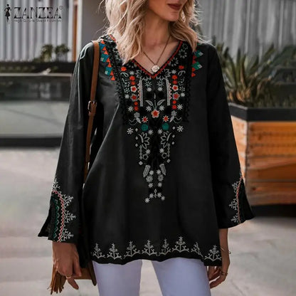ZANZEA Stylish Shirts 2023 Women Bohemian Floral Printed Blouse Spring V Neck Long Sleeve Tops Casual Holiday Blusas Chemise