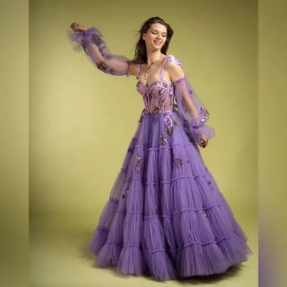 Purple Adjustable Straps Tied Bow Prom Dress Sweetheart Tulle Dress Layered Tulle Evening Dress A-Line Floral Dress Lace-Up Back