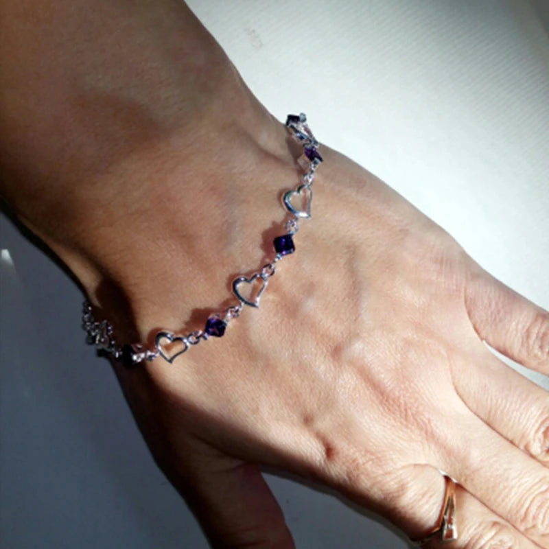 DOTEFFIL 925 Sterling Silver Heart Purple Zircon Bracelet For Women Jewelry Engagement Party Christmas Gift