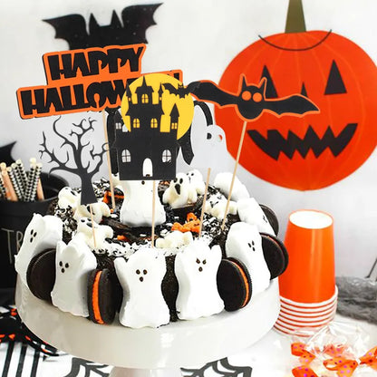 Happy Halloween Cake Toppers Halloween Cupcake Toppers Cartoon Pumpkin Witch Ghost Cake Decorative Flags for Kids Halloween Deco