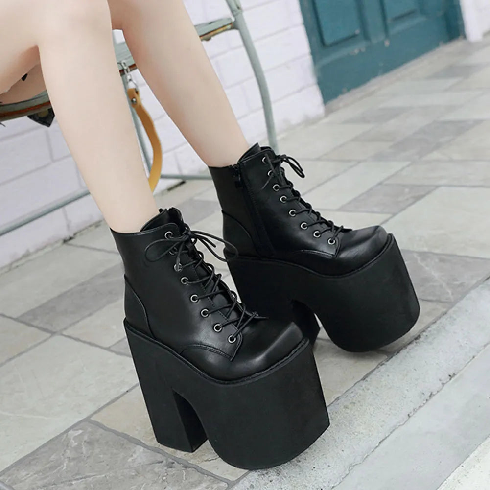 Gdgydh Height 17cm Chunky Heel Motorcycle Boots Women Platform Ankle Boots Punk Cosplay Thick Sole Goth Shoes Big Size 43