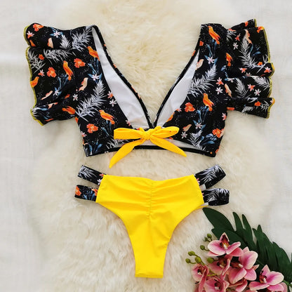 Tropical Style Women Bikini Set Ruffle Floral Printed High Waist Swimwear Summer Flower Swimsuit Biquini Bathing Suit Female