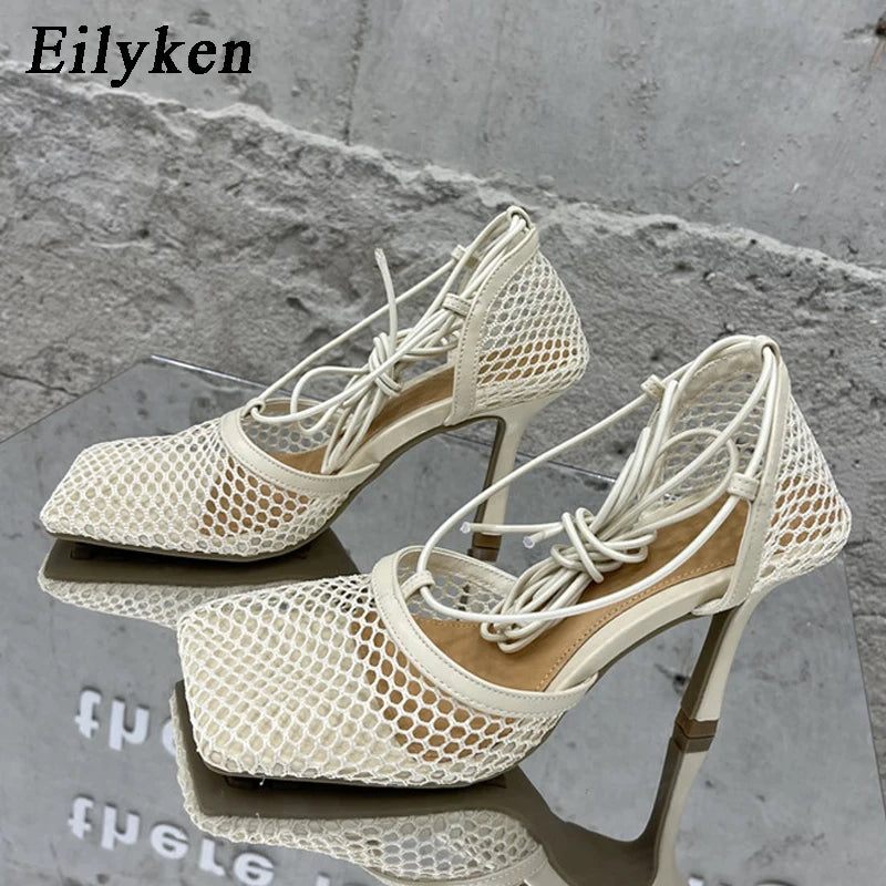 Eilyken 2023 New Sexy Mesh Pumps Sandals Female Square Toe High Heel Lace Up Cross-Tied Stiletto Hollow Shoes
