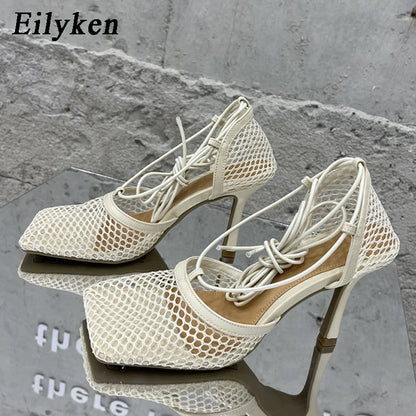 Eilyken 2023 New Sexy Mesh Pumps Sandals Female Square Toe High Heel Lace Up Cross-Tied Stiletto Hollow Shoes