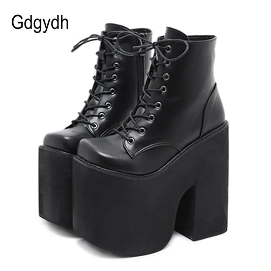 Gdgydh Height 17cm Chunky Heel Platform Ankle Boots Punk Cosplay Thick Sole Goth Boots