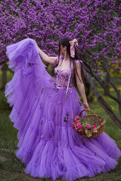 Purple Adjustable Straps Tied Bow Prom Dress Sweetheart Tulle Dress Layered Tulle Evening Dress A-Line Floral Dress Lace-Up Back