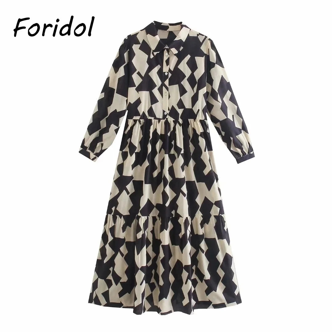Foridol Geometric Print Black Shirt Dress Casual Elegant Autumn Winter Women's New Dress Vestidos Robe Femme Long Sleeve Dress