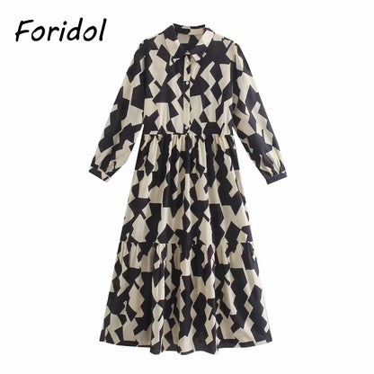 Foridol Geometric Print Black Shirt Dress Casual Elegant Autumn Winter Women's New Dress Vestidos Robe Femme Long Sleeve Dress