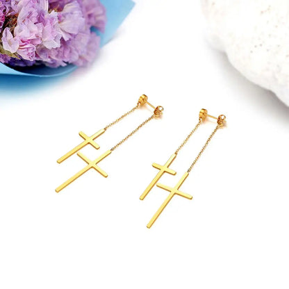 Boniskiss Fashion Tassel Double Cross long Drop Earrings Gold Silver Color Stainless Steel Woman Party Christmas Gift Jewelry