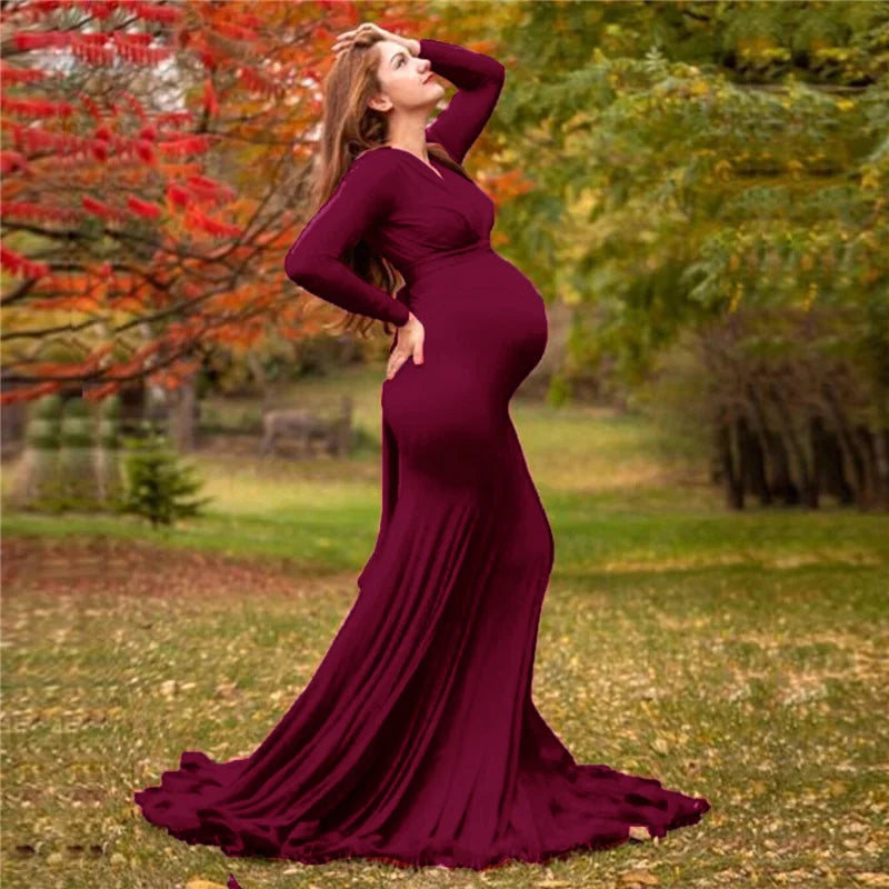 Spring Elegant Maternity Dresses For Photo Shoot Pregnant Women Dress Long Sleeve V-Neck Pregnancy Photography Shower Dress