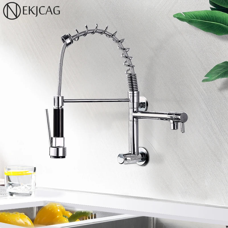Wall Mounted Spring Kitchen Faucet Chrome Black Pull Down Sink Faucets Single Cold Water Dual Spouts Mixer 360 Rotation Crane