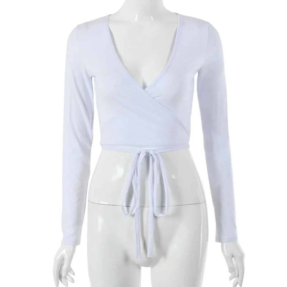 Fashion Women's Wrap Top Sexy Deep V Neck Knot Front Long Sleeve Basic Tee Strappy T shirt Tops Summer Casual Short Clothes