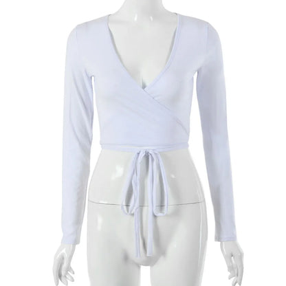 Fashion Women's Wrap Top Sexy Deep V Neck Knot Front Long Sleeve Basic Tee Strappy T shirt Tops Summer Casual Short Clothes