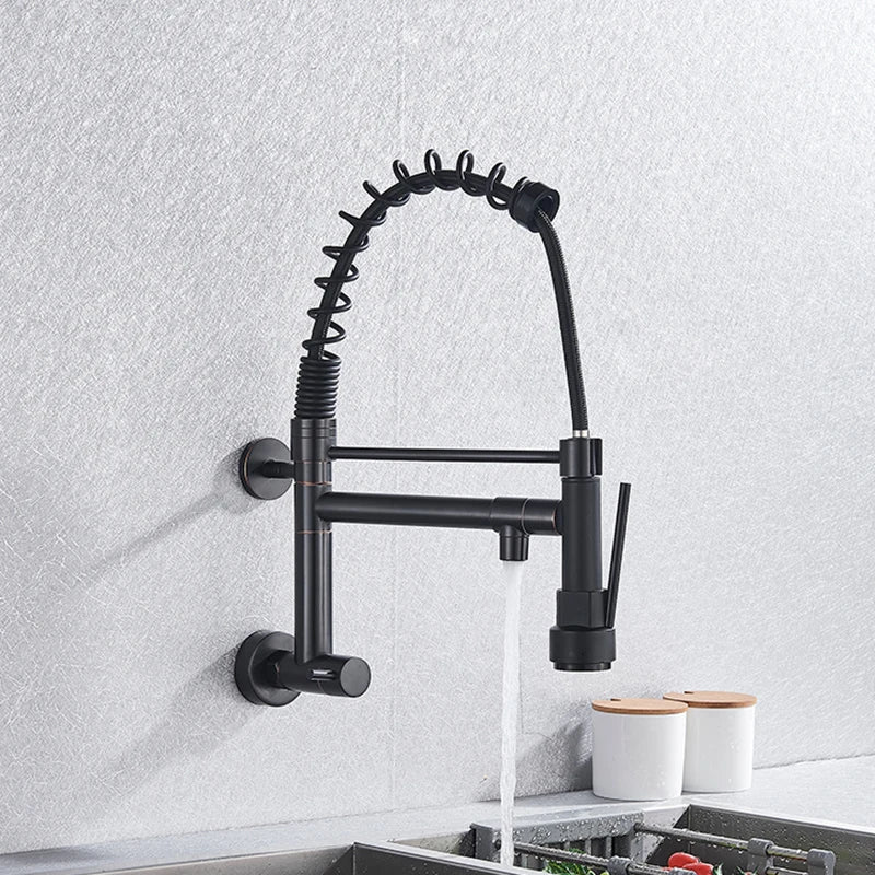 Wall Mounted Spring Kitchen Faucet Chrome Black Pull Down Sink Faucets Single Cold Water Dual Spouts Mixer 360 Rotation Crane