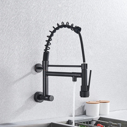 Wall Mounted Spring Kitchen Faucet Chrome Black Pull Down Sink Faucets Single Cold Water Dual Spouts Mixer 360 Rotation Crane
