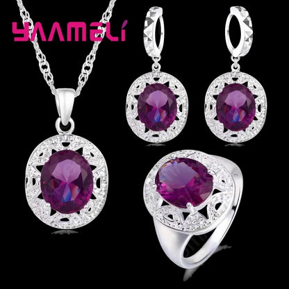Elegant Women 925 Sterling Silver Color Purple Crystal Pendants Necklaces Earring Ring Set for Wedding Engagement Jewelry Gift