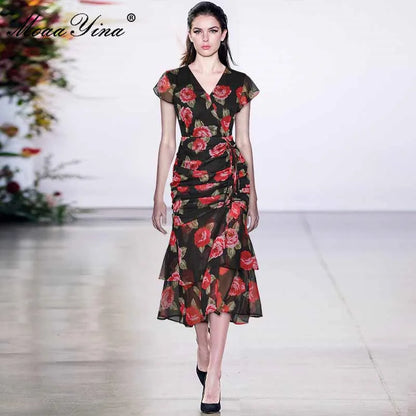 MoaaYina Fashion Designer dress Summer Women's Dress V Neck  Cascading Ruffle Ruched Rose Floral Print package hip Dresses